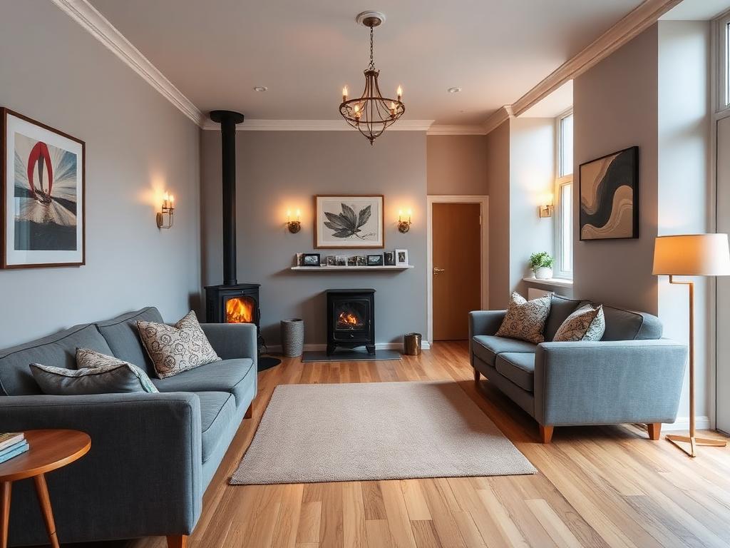 Cosy townhouse lounge with log-burner stove and oak flooring photographed in soft evening light
