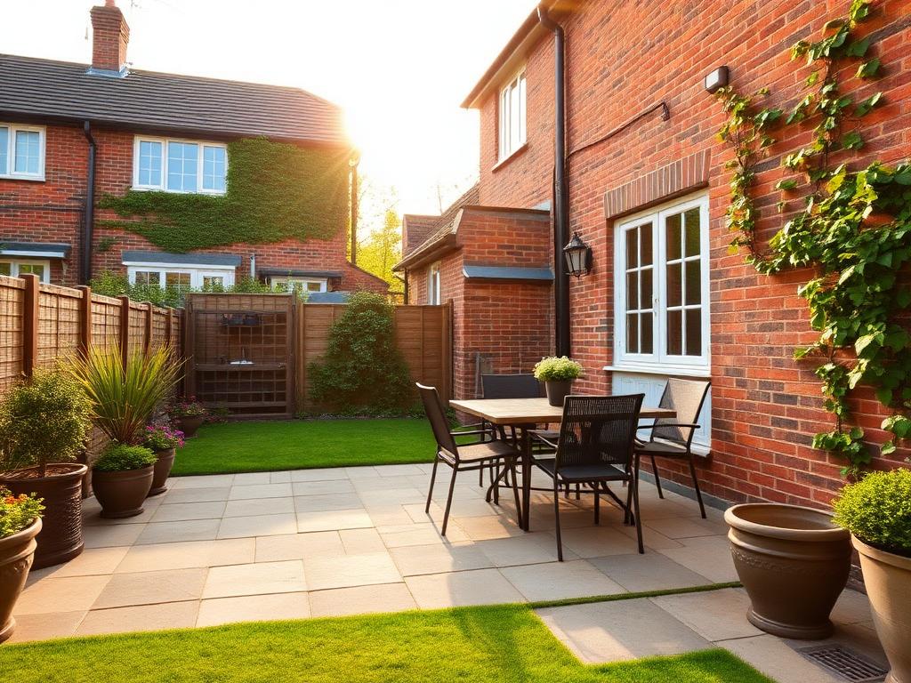 Landscaped rear patio garden with outdoor dining at golden hour, red-brick townhouse garden
