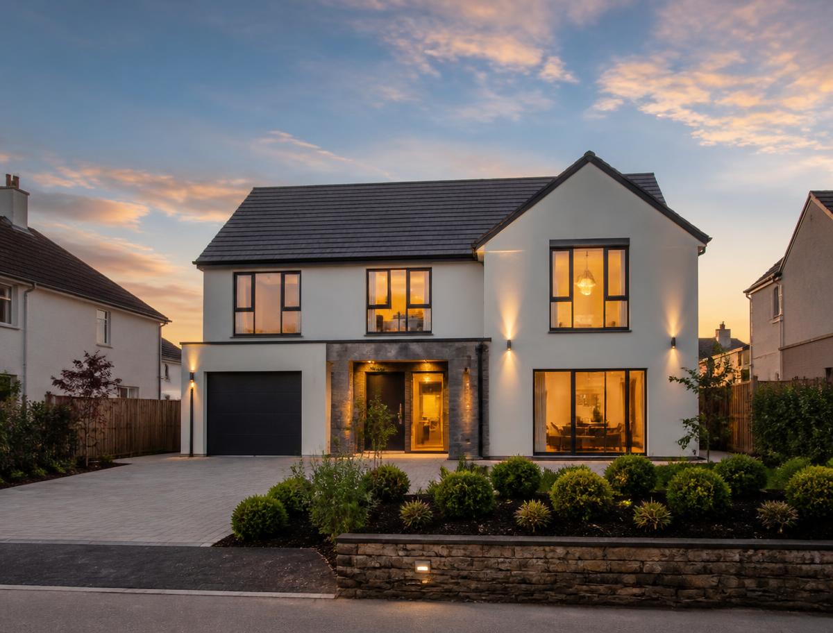 Modern detached house at twilight with warm interior lighting, photographed for property marketing in Bristol