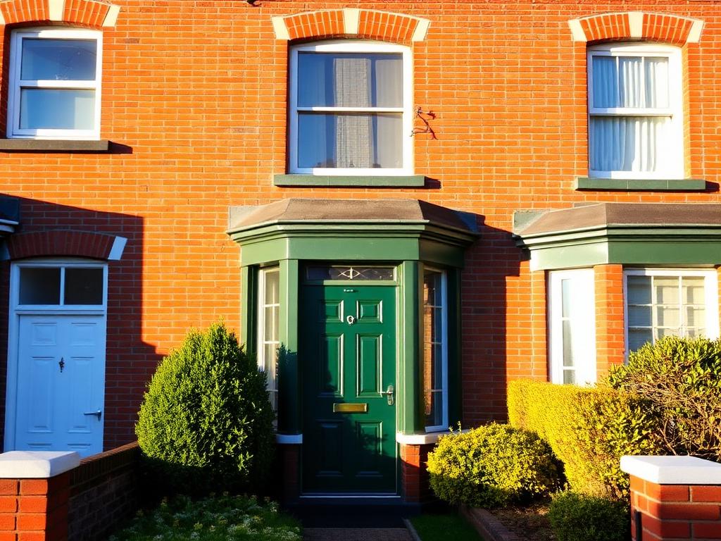 Red-brick Victorian terraced house front with bay window and deep green painted door, Bristol, in late afternoon sun