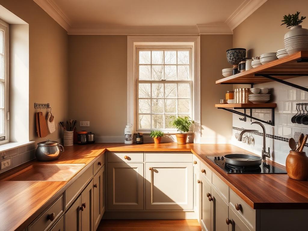 Warm characterful kitchen with wooden worktops and open shelving in a Victorian terrace, Bristol