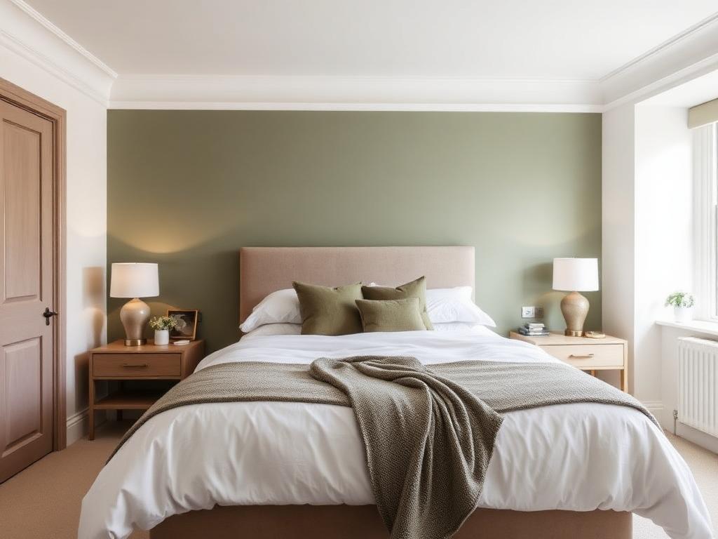 Calm main bedroom with upholstered headboard and muted green feature wall in a Bristol family home