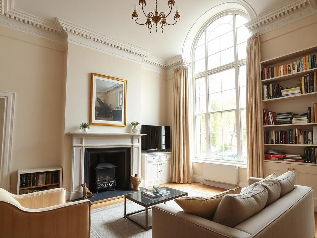 Airy sitting room with tall sash window and fireplace in a Georgian flat, Bath