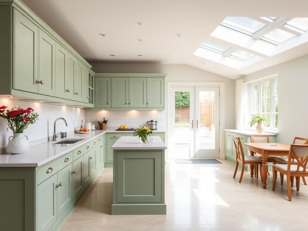 Bright modern kitchen-diner with sage-green shaker cabinetry and roof lanterns in a Bristol family home