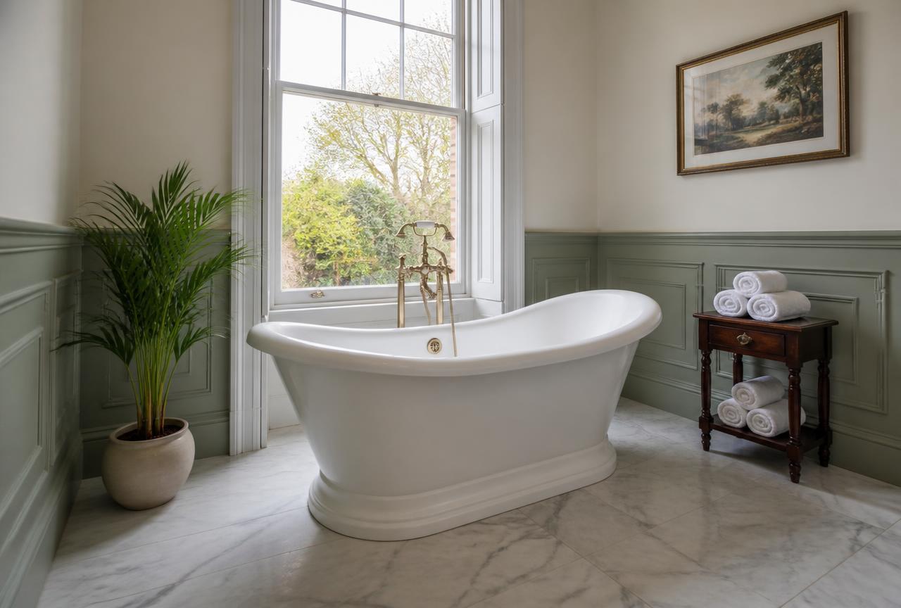 Upmarket bathroom with freestanding slipper bath as centrepiece, antique brass taps and sage-green panelling in a Victorian townhouse, Bristol