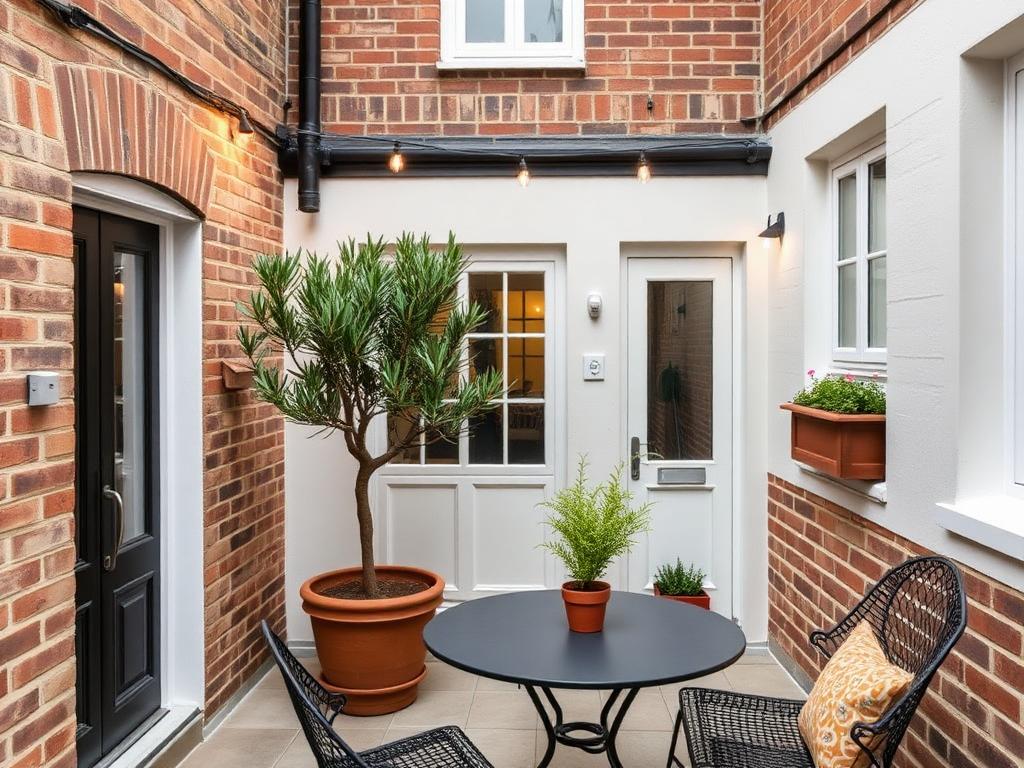 Stylish courtyard patio with olive tree and bistro table at a mews house, Clifton, Bristol
