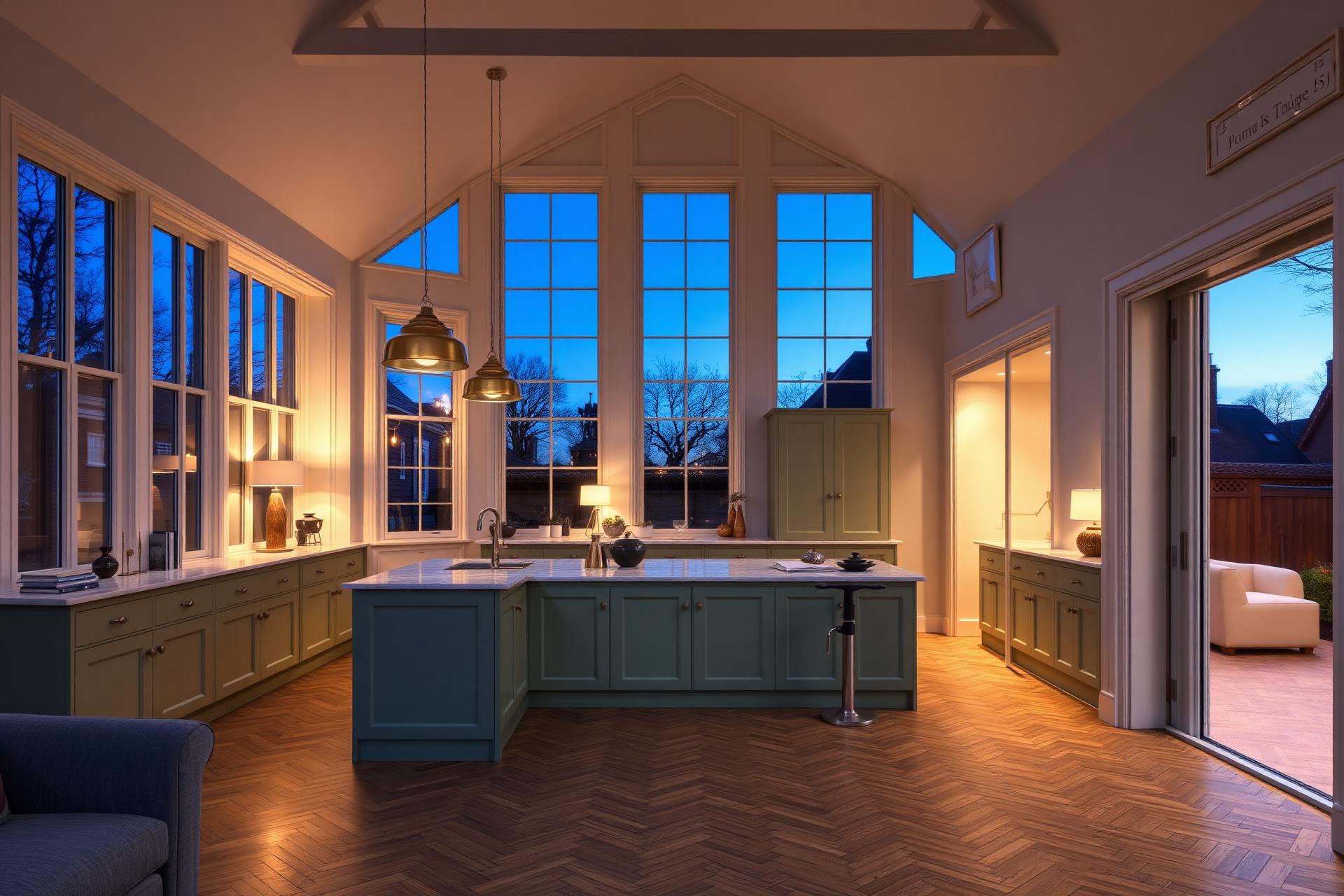 Designer kitchen at twilight with sage-green cabinetry, brass pendant lights and herringbone floor, dusk-blue sky through tall sash windows in a renovated Victorian home
